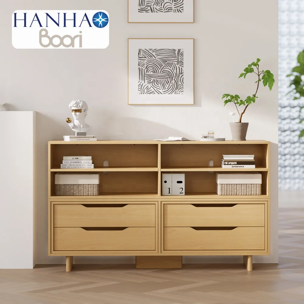 Only B2B Boori Wooden Open Book Shelf Storage Cabinet With 4 Drawers