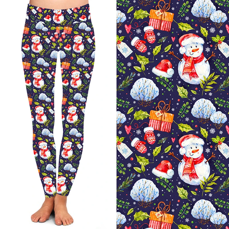 2020 Новое поступление мягкой высокой талией Снеговик перчатки Подарочная коробка Холли напечатанные рождественские леггинсы для женщин