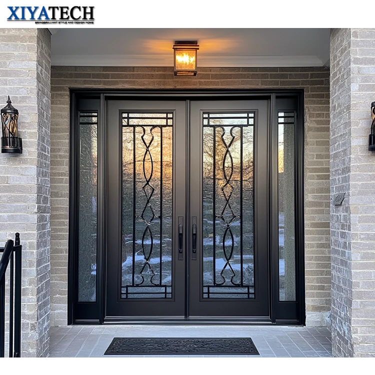 XIYATECH Residential Large Size Storm Security Front Entry Wrought Iron double Entry Door with Smart Lock