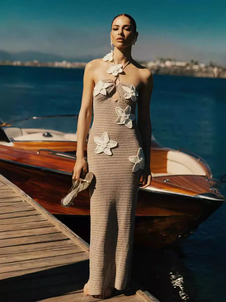 King Mcgreen Star Vacation Elegant 3d Flower Crochet Hook Halter Women Sexy Backless Hollow Out Sleeveless Lady Beachwear Dress