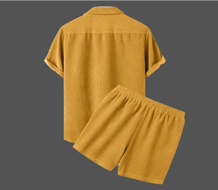 Solid Color Corduroy Men s Casual Suit with Shirt and Shorts European and American Fashion