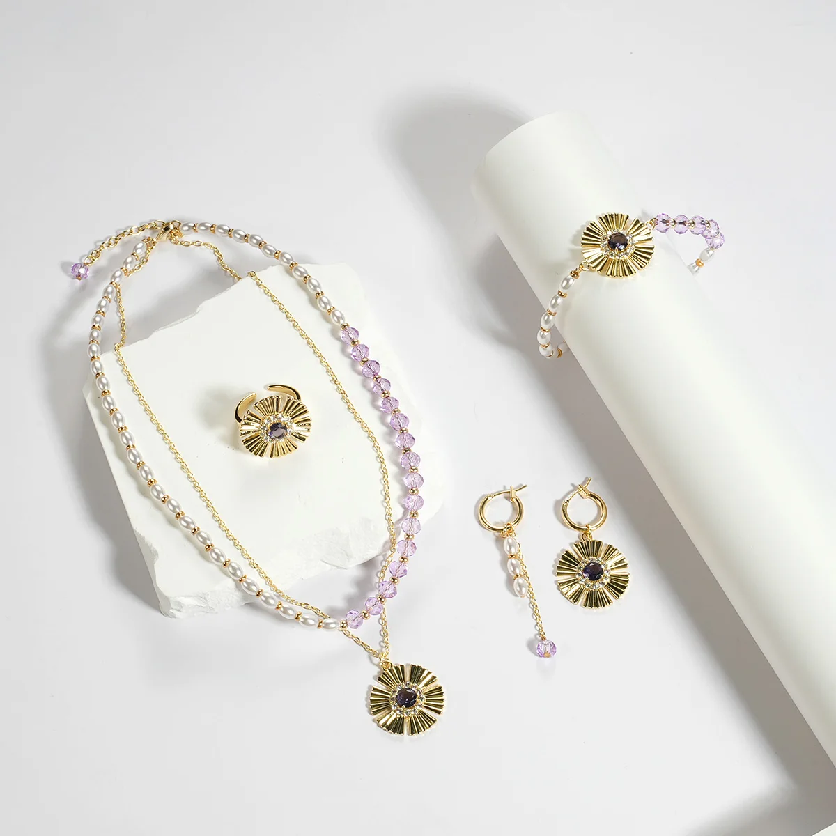 Trendy 18k Gold Plated Charms Crystal Accessories Pendant Rings Pearl Necklace Fashion Jewelry Sets For Women