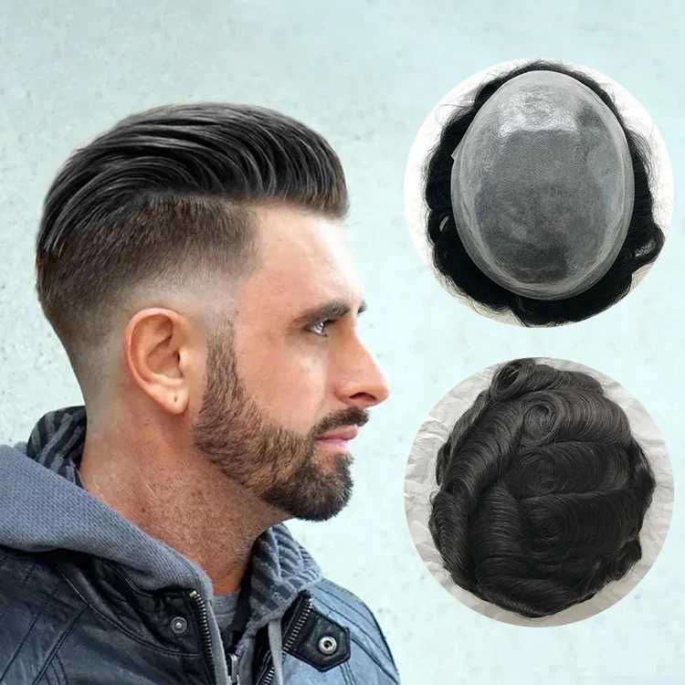 Wholesale Human hair Invisible Natural Hairline Male Hair Prosthesis Best Toupee for Man 0.06mm Thin Skin Hair Replacement
