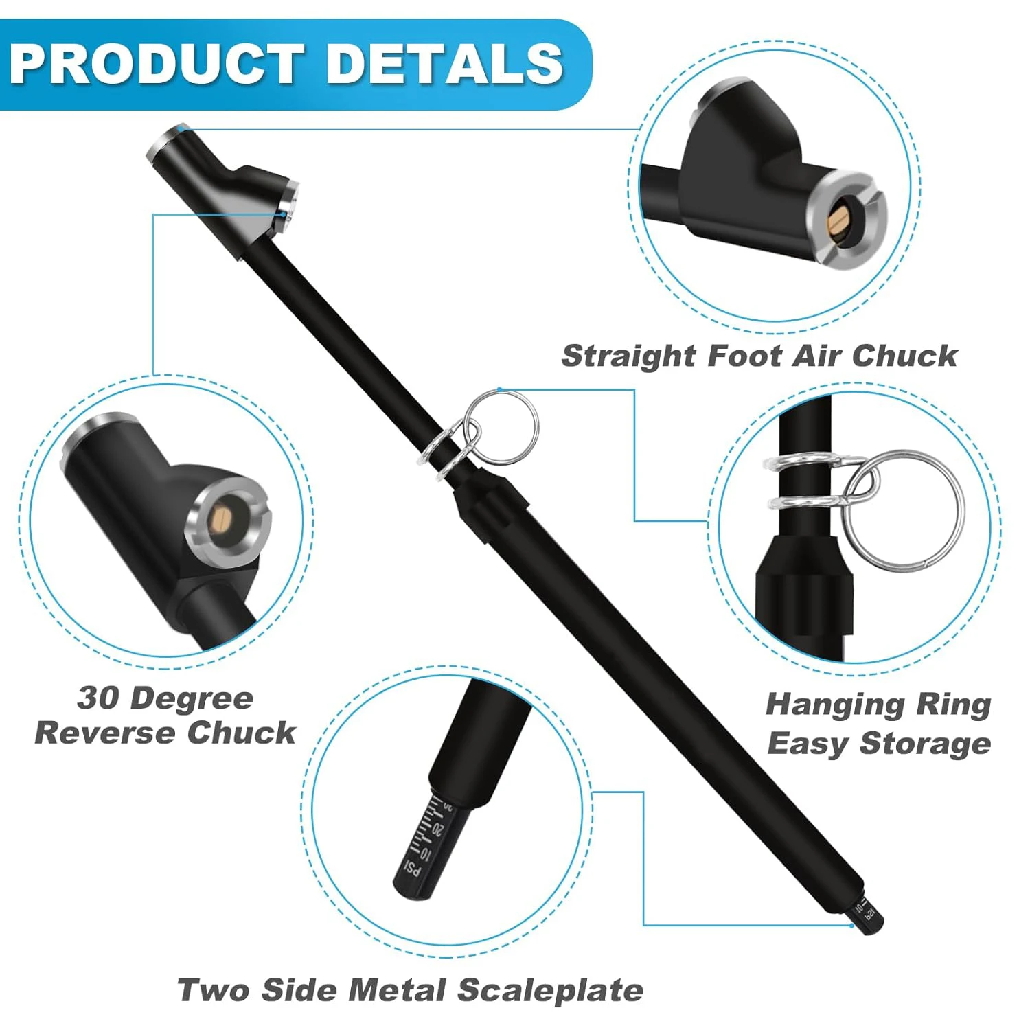150 psi dual head zinc head stainless steel tire pressure gauge pen with hanging ring for truck car