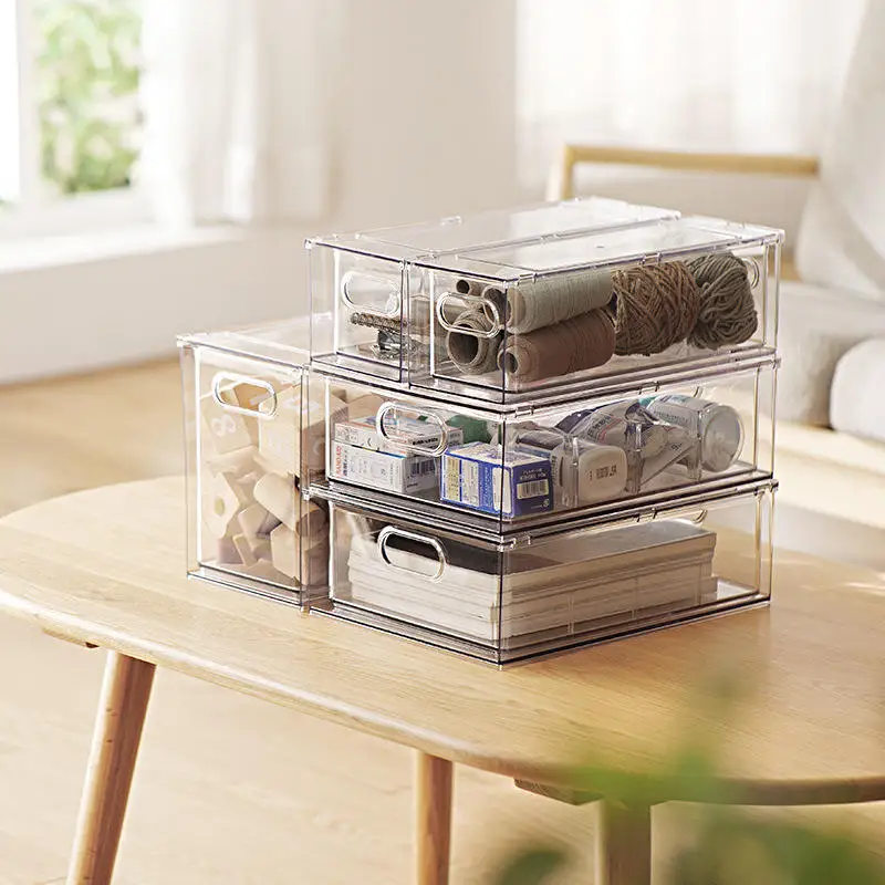 PET Transparent Storage Book Toy Clothes Cosmetic Dust Box Shelf Home Drawer Tote Storage Box Divided Container Box with Handle