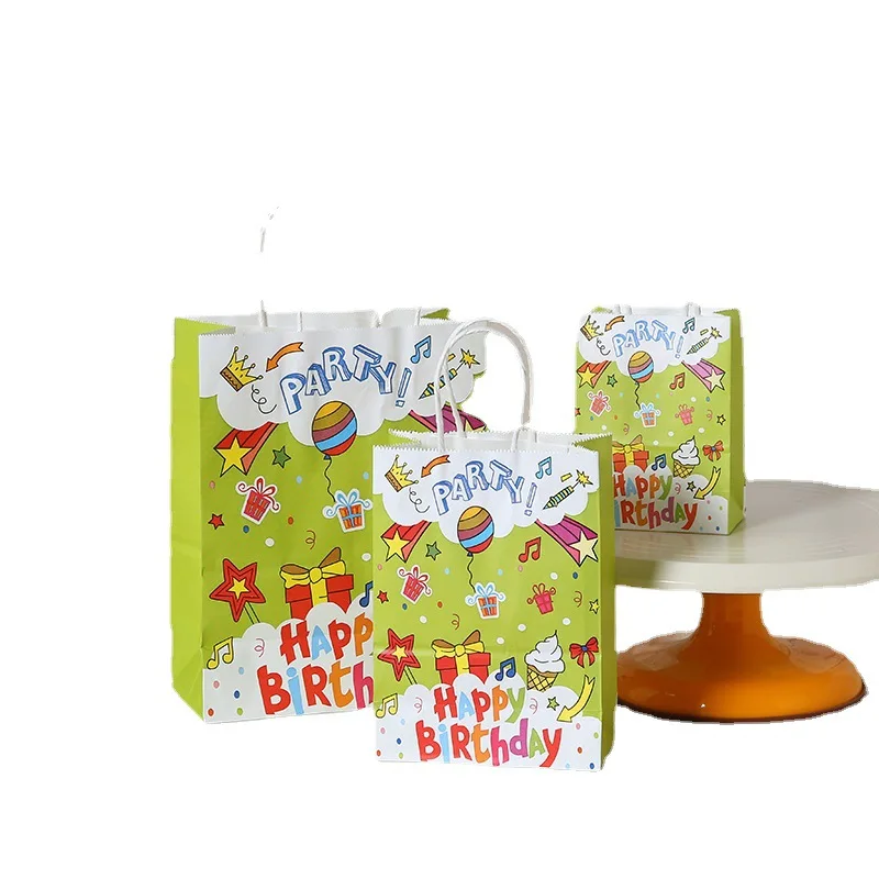 New product stock kraft paper creative cartoon images children happy birthday with handle gift paper bags