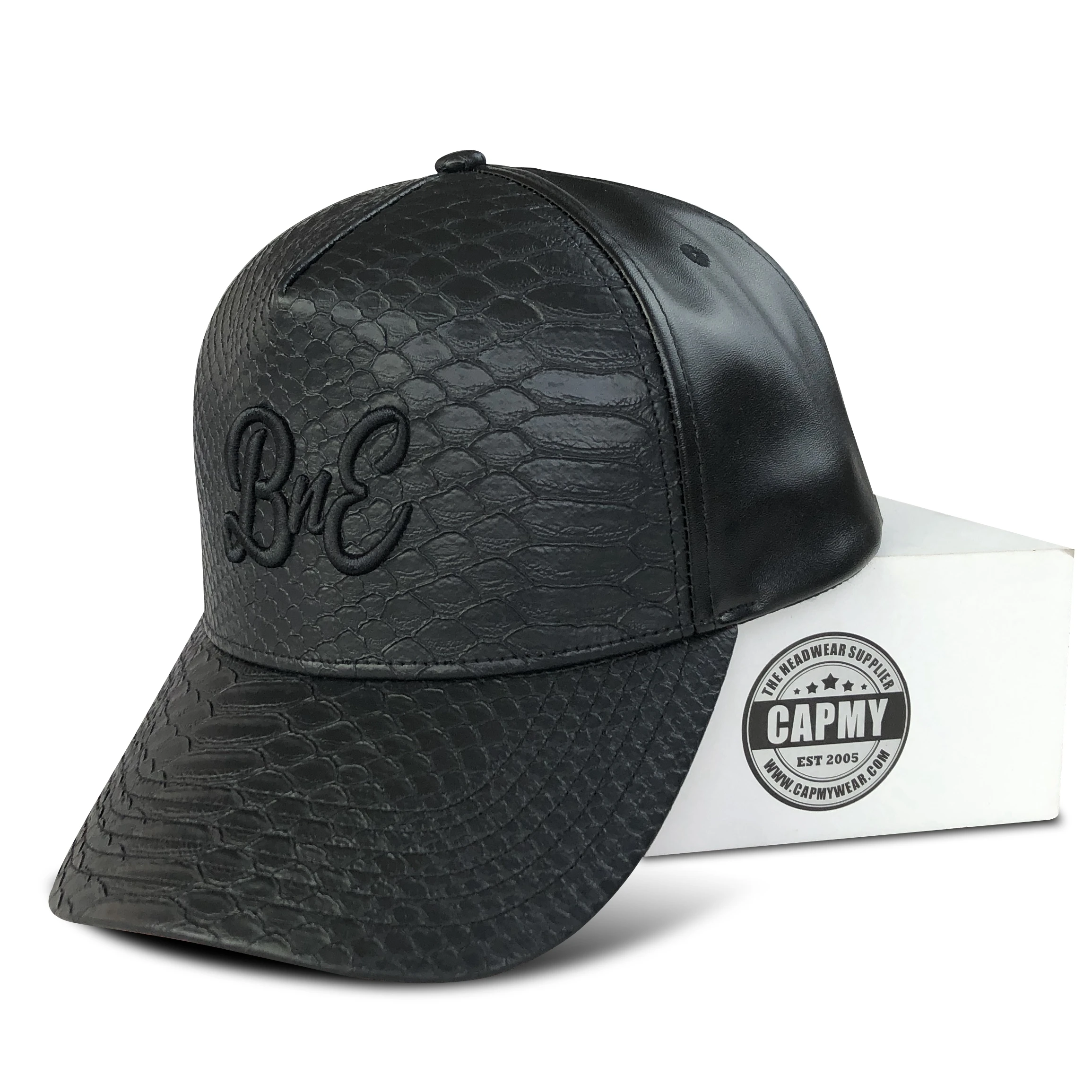 New Fashion Shiny 3D Embroidery Patch Logo Leather Baseball Hats For Men Snake Skin Black Leather Baseball Caps