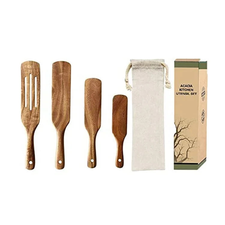 Wooden Spurtles Set of 4, Non-Stick Utensils Tools Durable Natural Wood Slotted Stirring Spatula Kitchen Cookware For Cooking