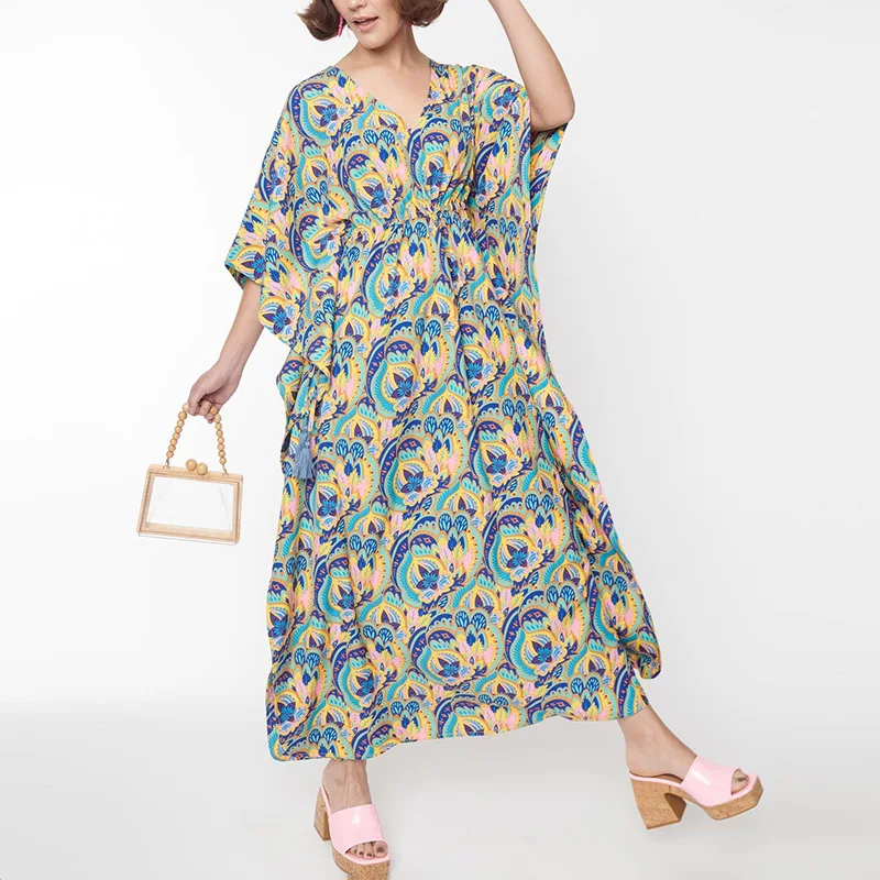 Aschulman Custom Summer Luxury Kaftan Designs 2023 Dresses Vintage Printing Caftan Femme Marocain for Women