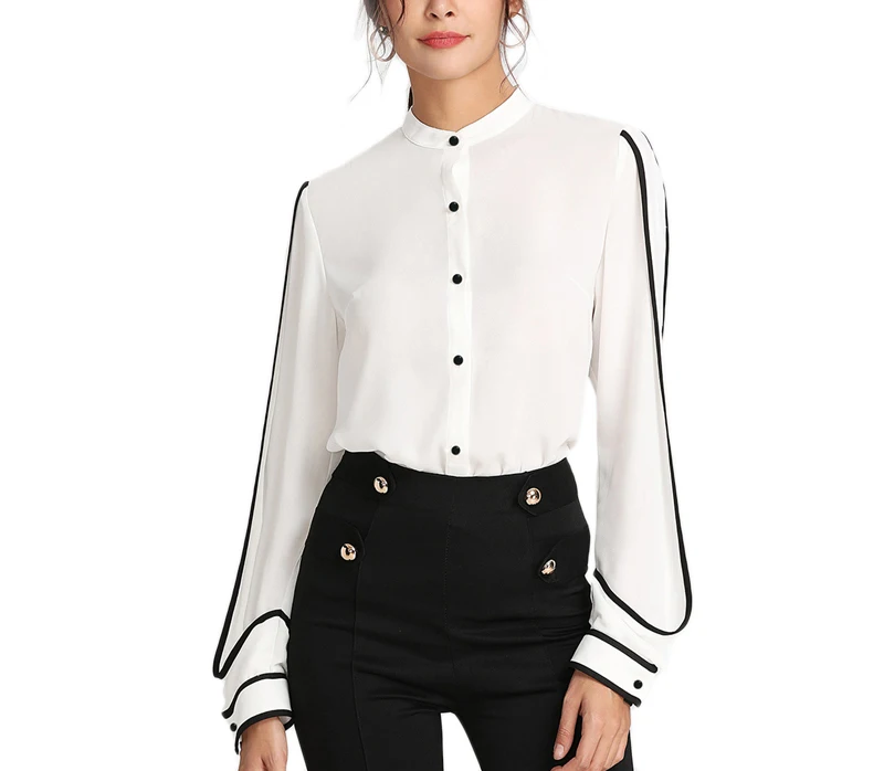 White Elegant Women Blouse Stand Collar Long Sleeve Shirts  Autumn Workwear Shirt Top