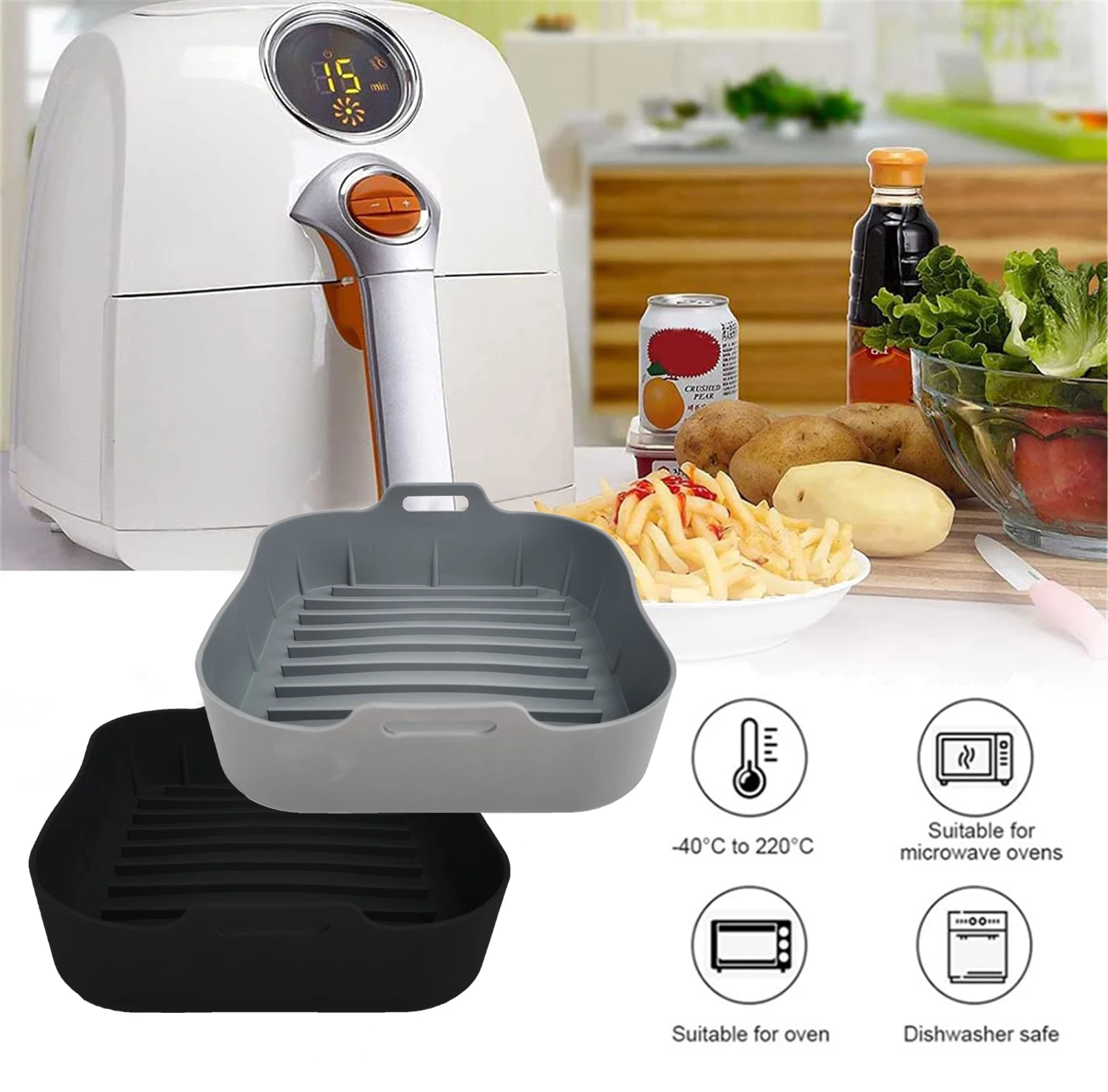 Air Fryer Silicone Liners and Handle,Square Non-stick Airfryer Basket Accessories Reusable Washable Silicone Pot