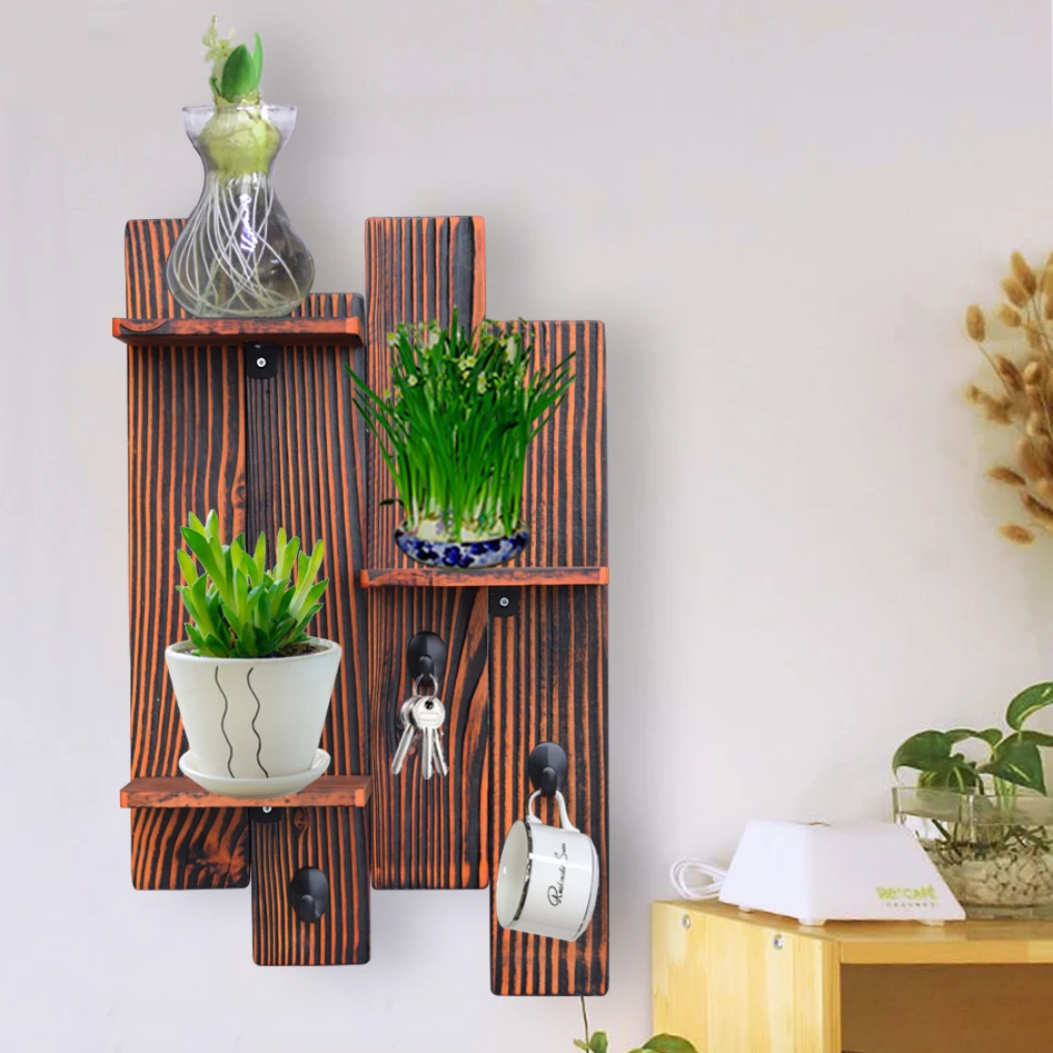 Antique finishing wooden cup holder, with shelf for flower pot and hooks for cups, even  a black board for writing message