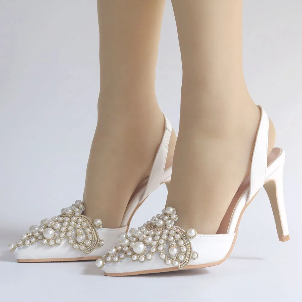 Summer Pearls White High-heeled Bridal Wedding Shoes Large Size banquet Women Sandals