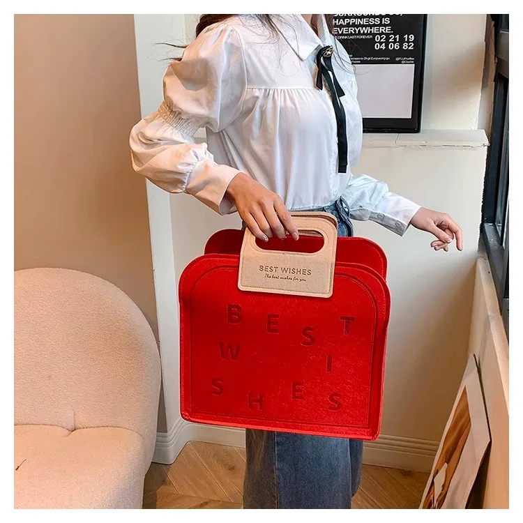Wholesale Custom Logo Portable Tote Bags Reusable Luxury Handbags Blue Felt Tote Gift Bag For Holiday Christmas Party