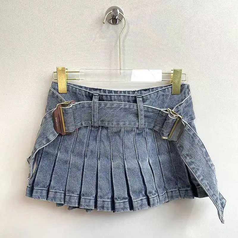 High Quality Women Blue Jeans Y2K Belt Pleated Denim Skirt Causal Washed Mini Skirt For Summer 2023