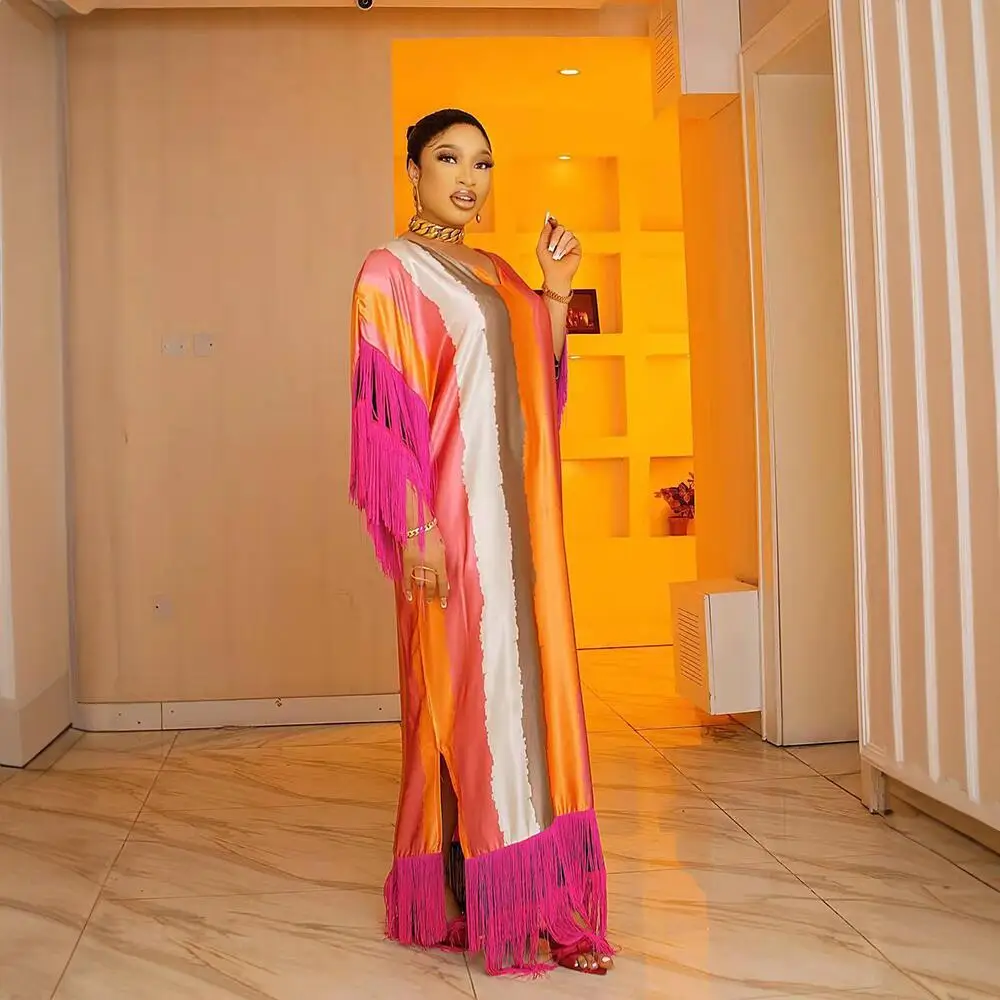 Fashion Style Traditional African Dress Ethnic Silk Patchwork African Robe Tassels Colorful African Dresses for Women Clothing