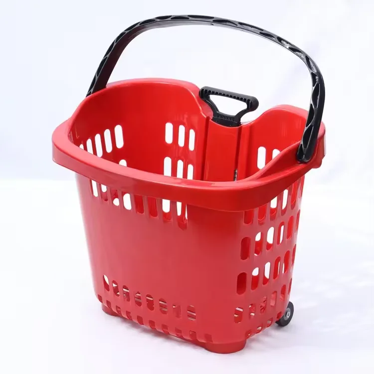 Large Capacity Plastic Rolling Shopping Basket Supermarket Basket Cart with 2 Wheels