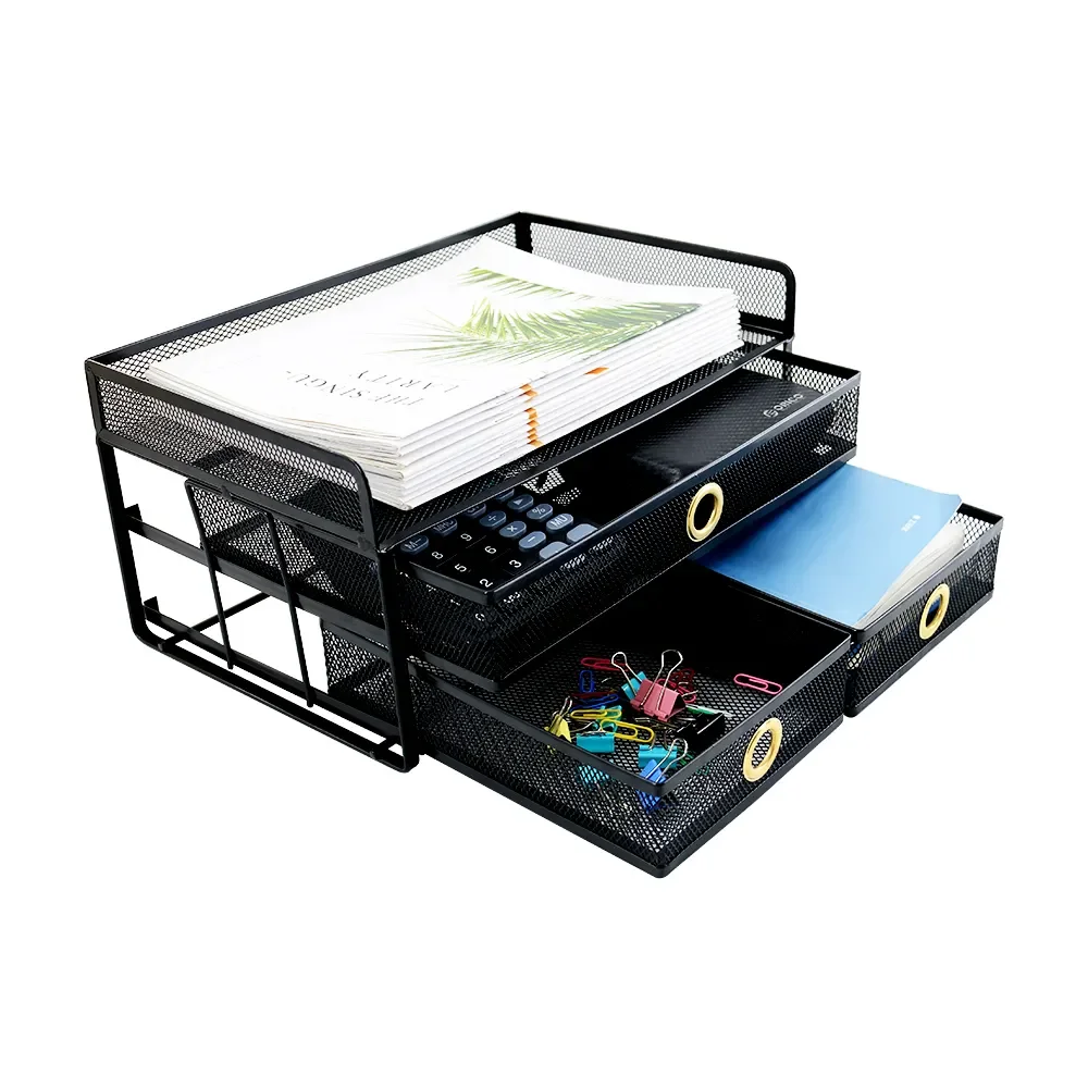 Office Desk Black Metal Wire Mesh 2 tiers Desktop file Organizer with 3 Sliding Drawers