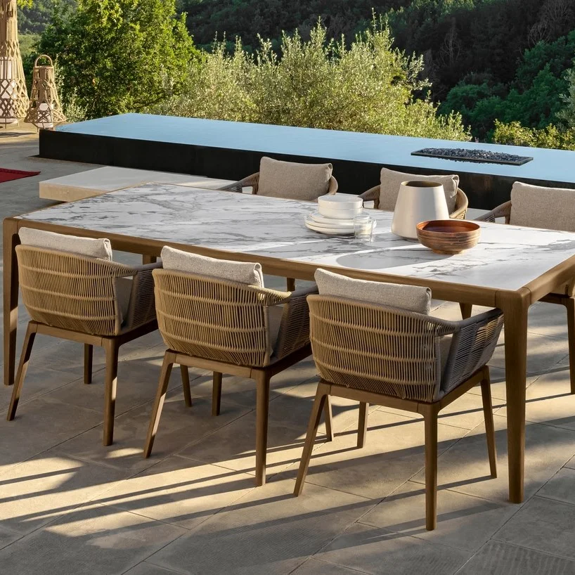Modern patio sitting teak wood external marble top outdoor dining table chairs set garden furniture