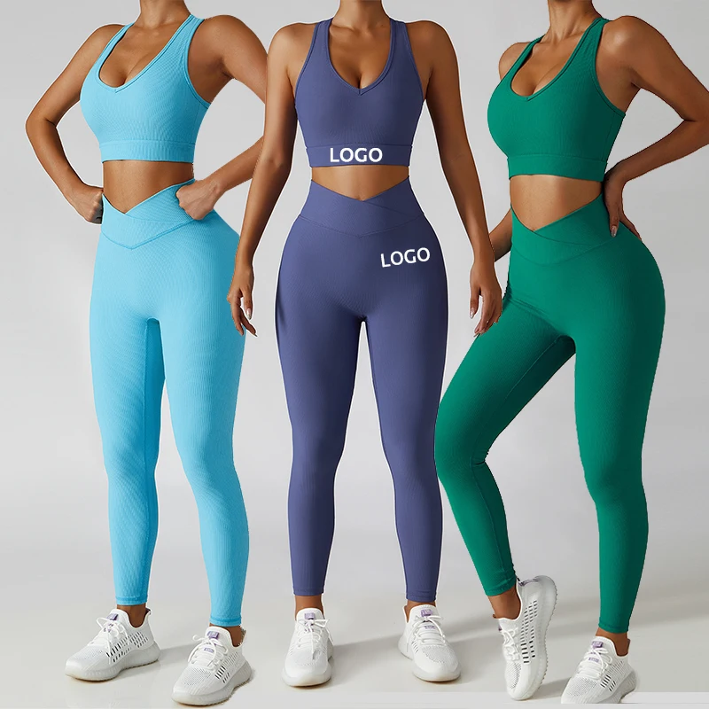 Fitness Yoga Leggings Set For Women V Neck Supportive Sports Bra 2 Pieces Gym Wear Scrunch Butt Yoga Pants Suit