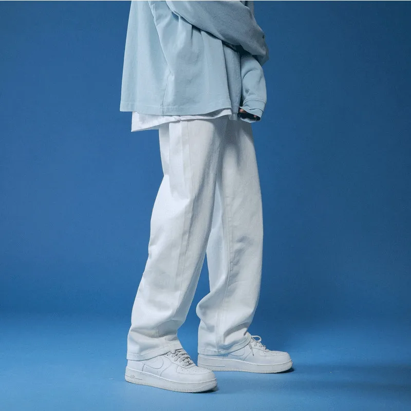 2021 high quality custom stylish loose straight solid color denim pants streetwear black long jean for men