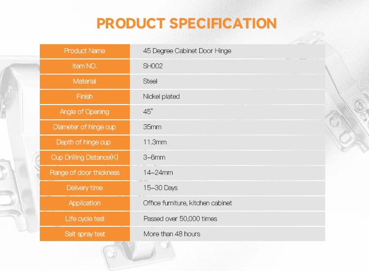 45 Degree cabinet door steel material nickel plated with two or four holes base bisagras para muebles