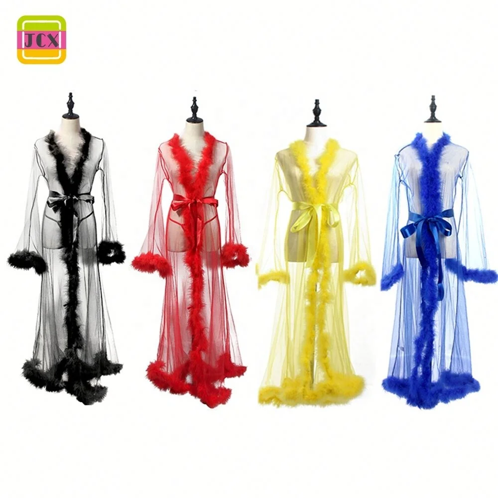 
New Arrival Long hot women Femme Fur sheer Robe mesh Trim Sexy Lingerie 
