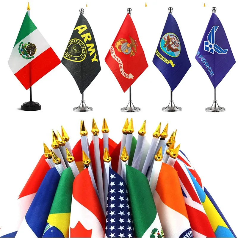 Customized National Desk Flag Stand Decorative Mini Metal Stand Flag With Stainless Steel Flag Pole