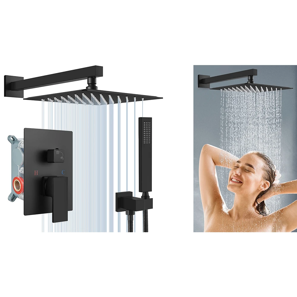 Black Thermostatic Shower Mixer Faucet Set 2 Function Concealed Bathroom Shower System Shower Valve with Preinstalled Brass 1pcs