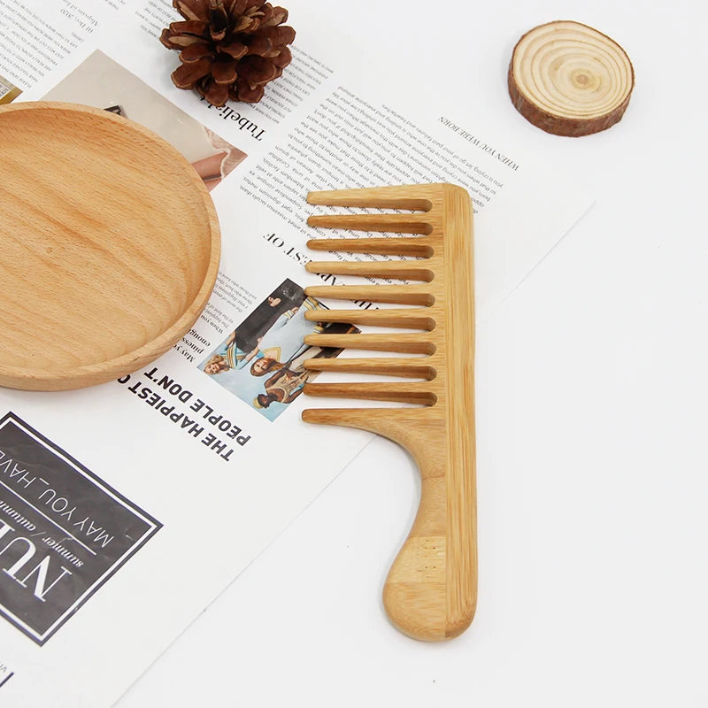 Eco-friendly Custom Logo Anti-static Handmade Bamboo Wood Wide Tooth Wooden Hair Comb