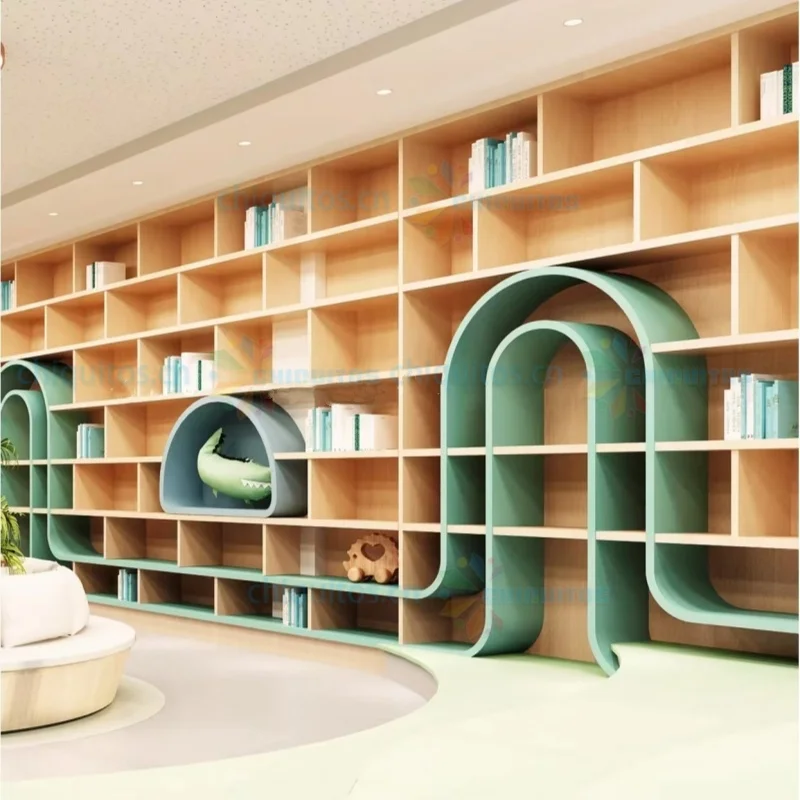 Chiquitos Modern Wooden Kids Library Furniture Set with Curved Bookshelves and Reading Area