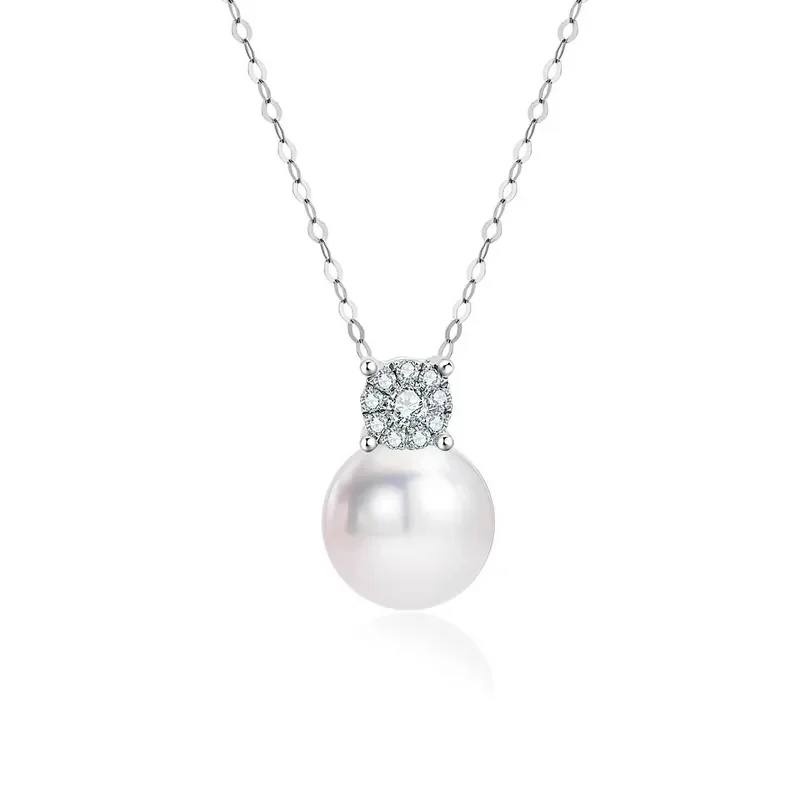 Fine Jewelry Wholesale Freshwater Pearl Chain Delicacy 18K White Gold Akoya & Diamond Pendant  For Women