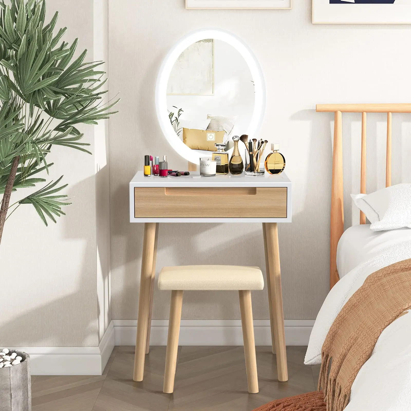 Small Vanity Desk Wood Set for Makeup with Stool Simple Mini Design Dressing Table with a LED Mirror and one Drawer for Bedroom