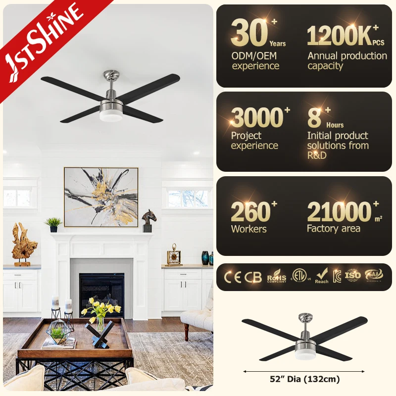 1stshine ceiling fan 52 inches modern copper motor 4 black led SS blade ceiling fan with light