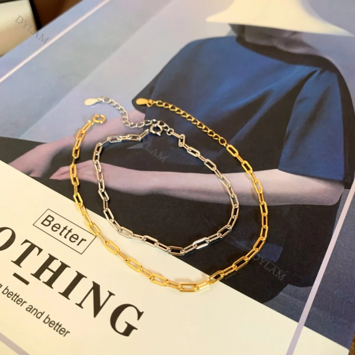 Dylam Modern Classic 925 paperclip link chain simple bracelet sterling silver bracelets for women paper clip choker adjustable