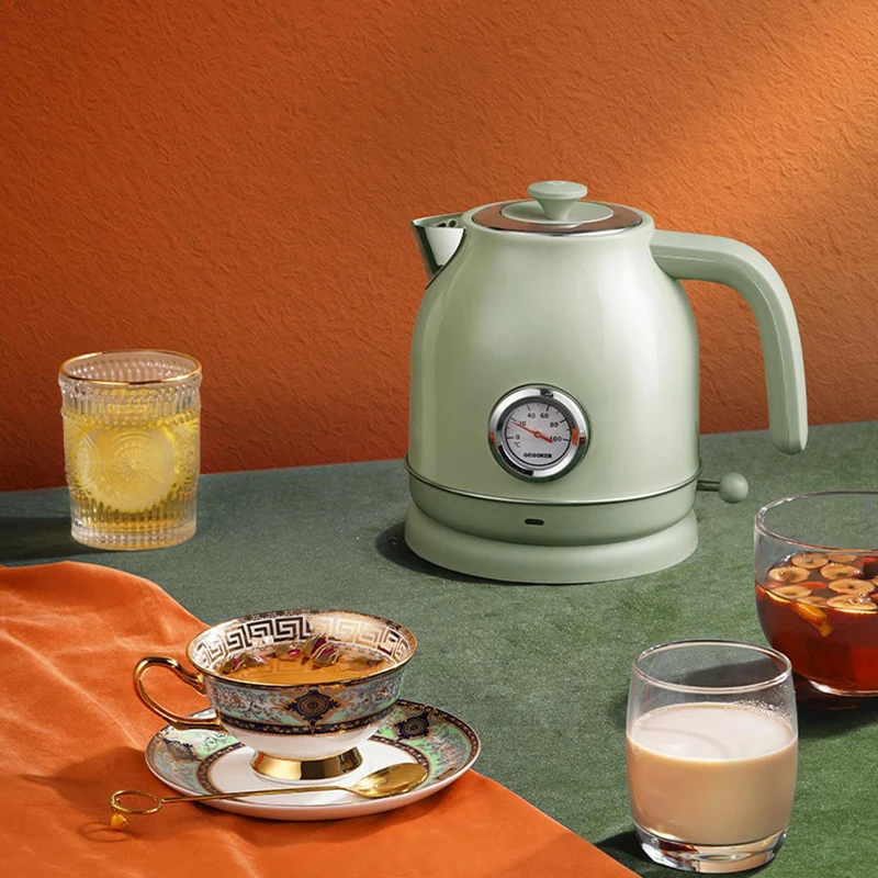 QCOOKER 1.7L Electric Kettle Fast Boiling Stainless Steel Retro Thermometer Hot Water Boiler 1800W 220V Portable Instant Heater