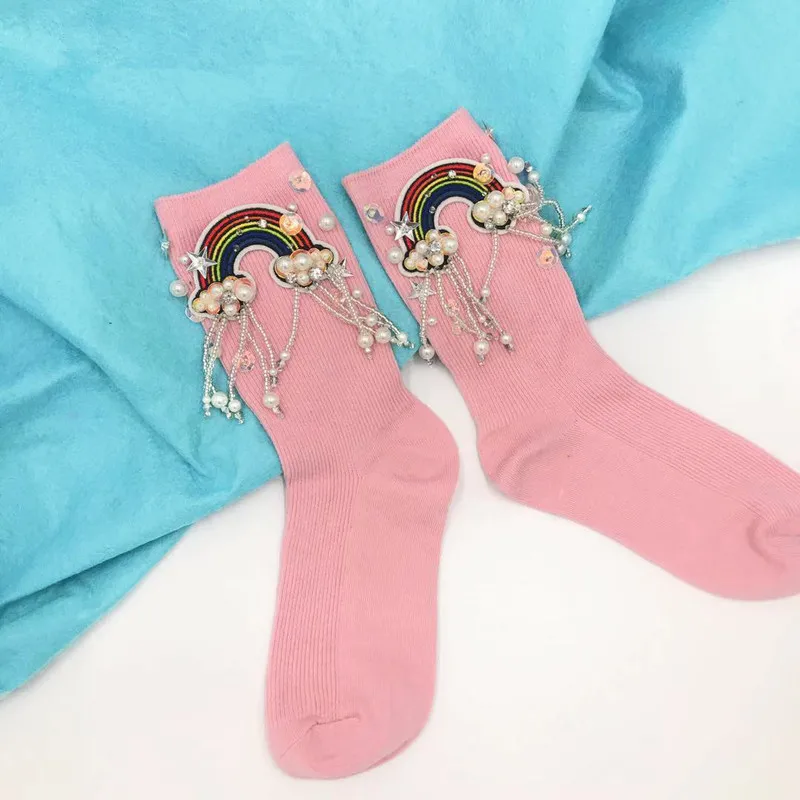 Handmade Sequins Socks Pearl Socks Young Girl Pink Party Socks