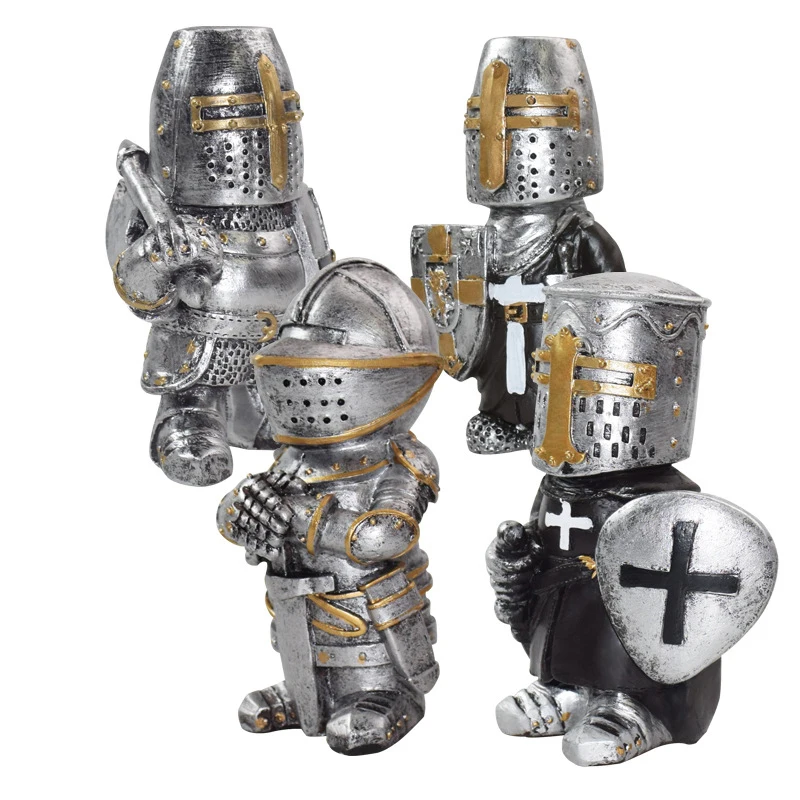 Gothic Guardians Gnomes Renaissance Medieval Cross Templar Crusader Figurine Armor Miniature European Knights Sculpture