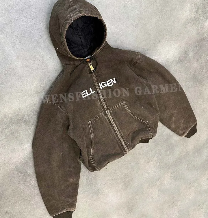 Custom Logo Sun Faded Vintage Zip Up Workwear Custom Duck Canvas Denim Jean Trucker Detroit Work Jacket