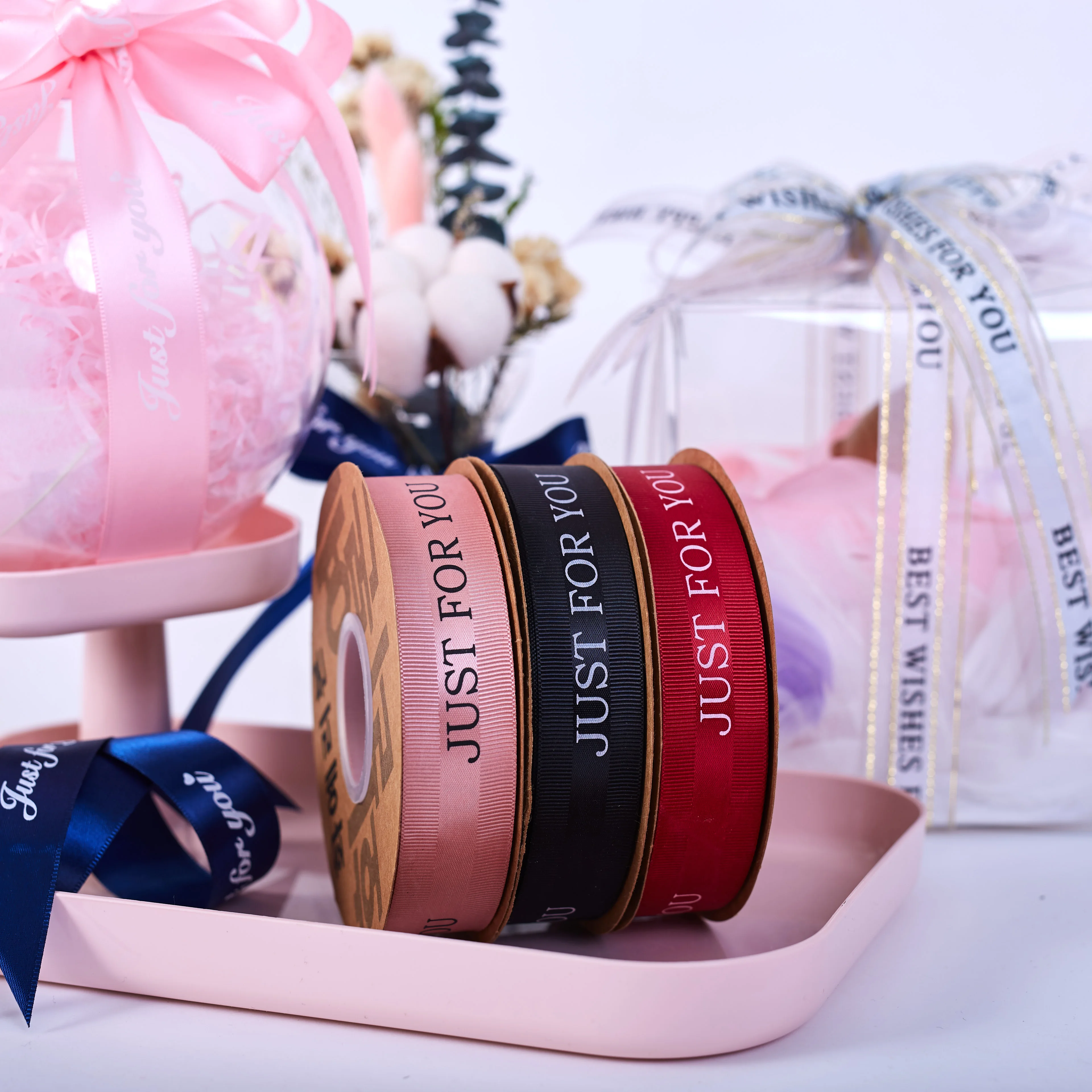 Factory wholesale  decorative flowers ribbon grosgrain ribbon roll Custom LOGO gift box  with ribbon