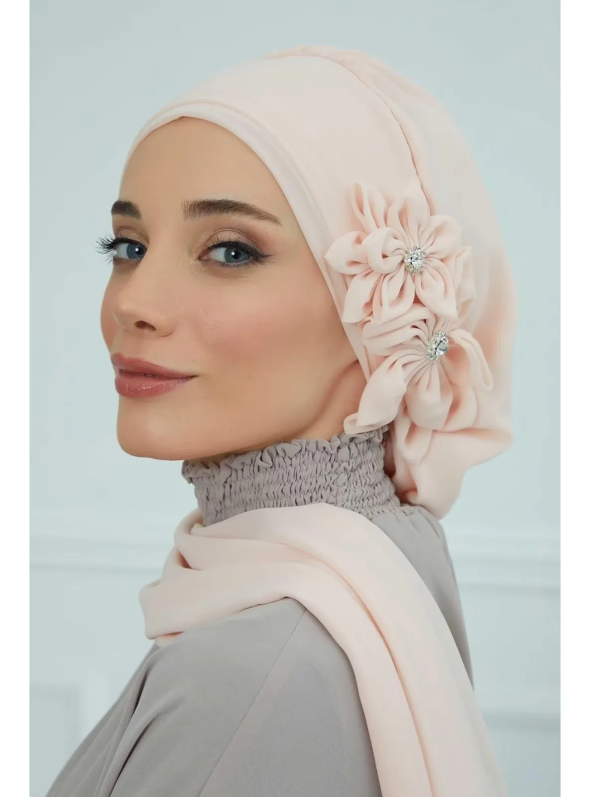 Turkish pince fashionable luxurious elegant flower cap for muslim women hijab soie de medine par lot