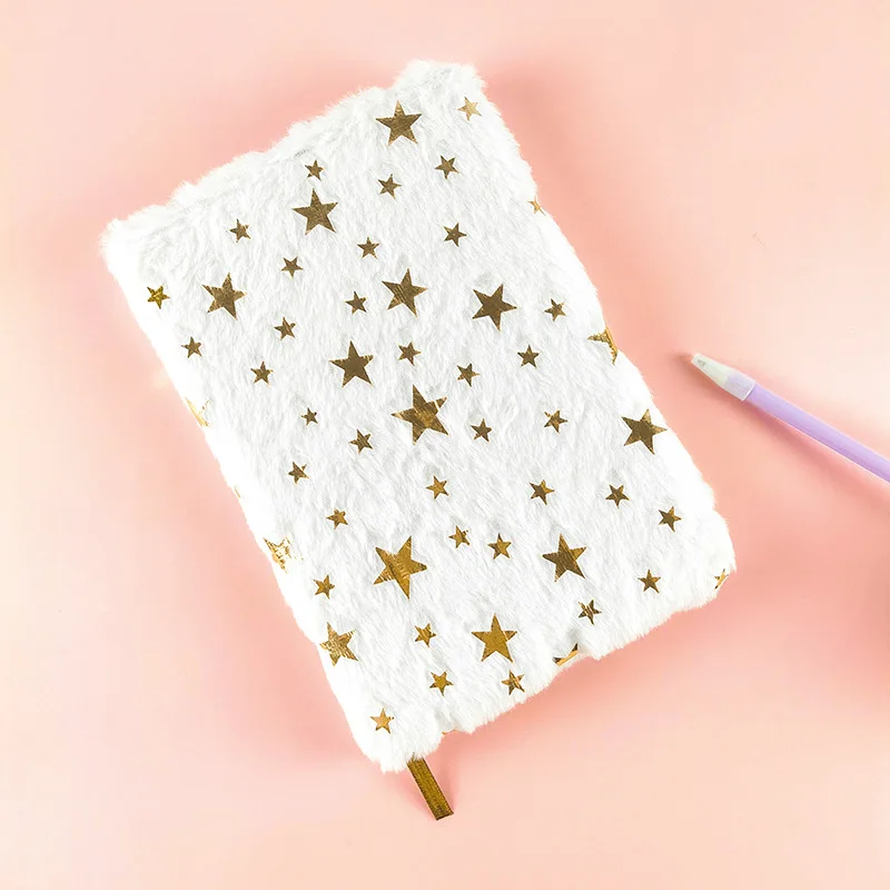 Soododo 80-Page Notebook Gold Stars Embroidery A5 Plush Fabric Cover Student Cross-Border Prize Diary Notepad Magnetic Style