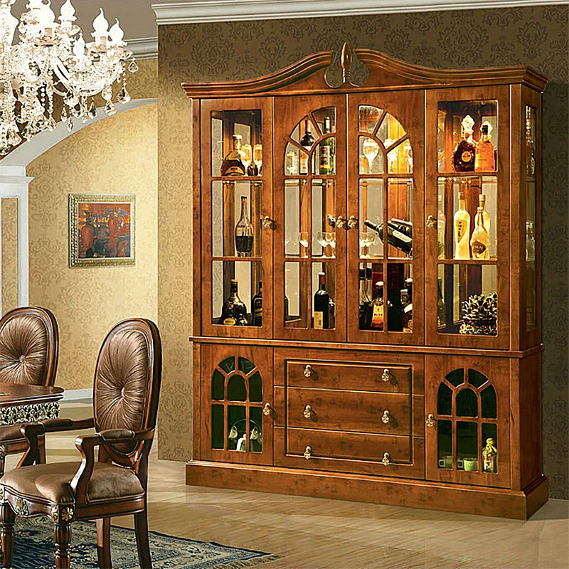 Classic Wood Under Vine Cabinet Light Bar Display Glass Buffet Cabinet Oak Wine Counter Luxury Living Room Furniture