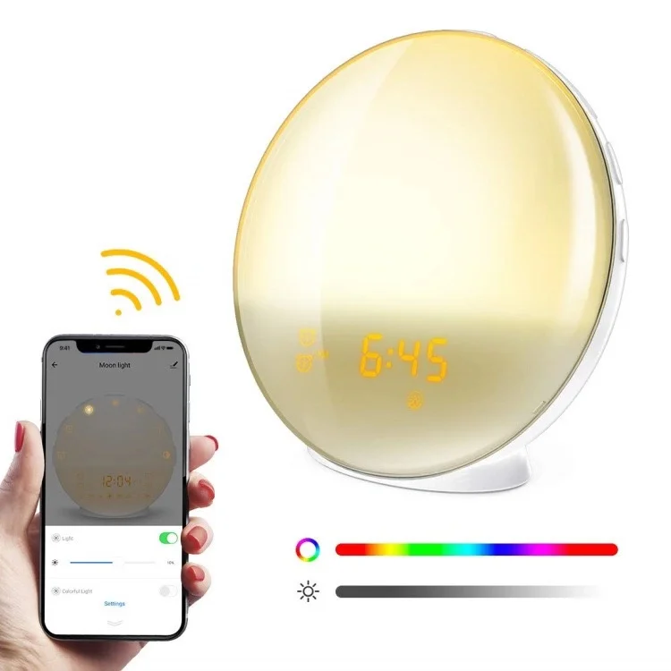 
App Wifi voice control wake up light 7 Colors Night Light alarm clock with radio 