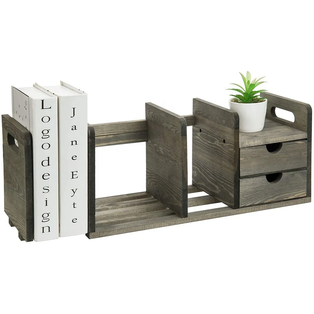 Vintage Gray Solid Wood Desktop Organizer Storage Station with Expandable Bookshelf and 2 Drawers