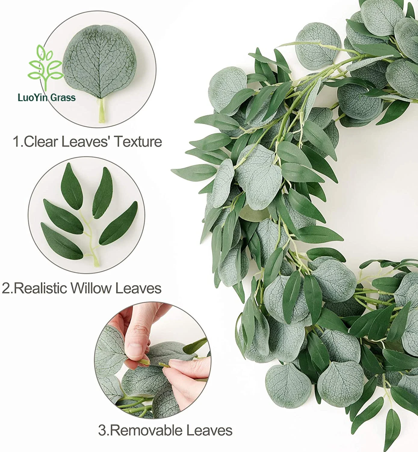 Greenery Garlands 6.56FT Artificial Eucalyptus Garland with Willow Leaves Faux Silver Dollar Leave Vines for Wedding Arch Table