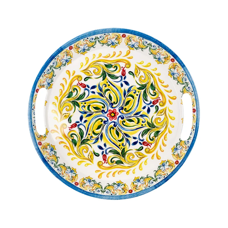 Wholesale Custom Colourful Melamine Plastic Food Serving Trays Round with Handles