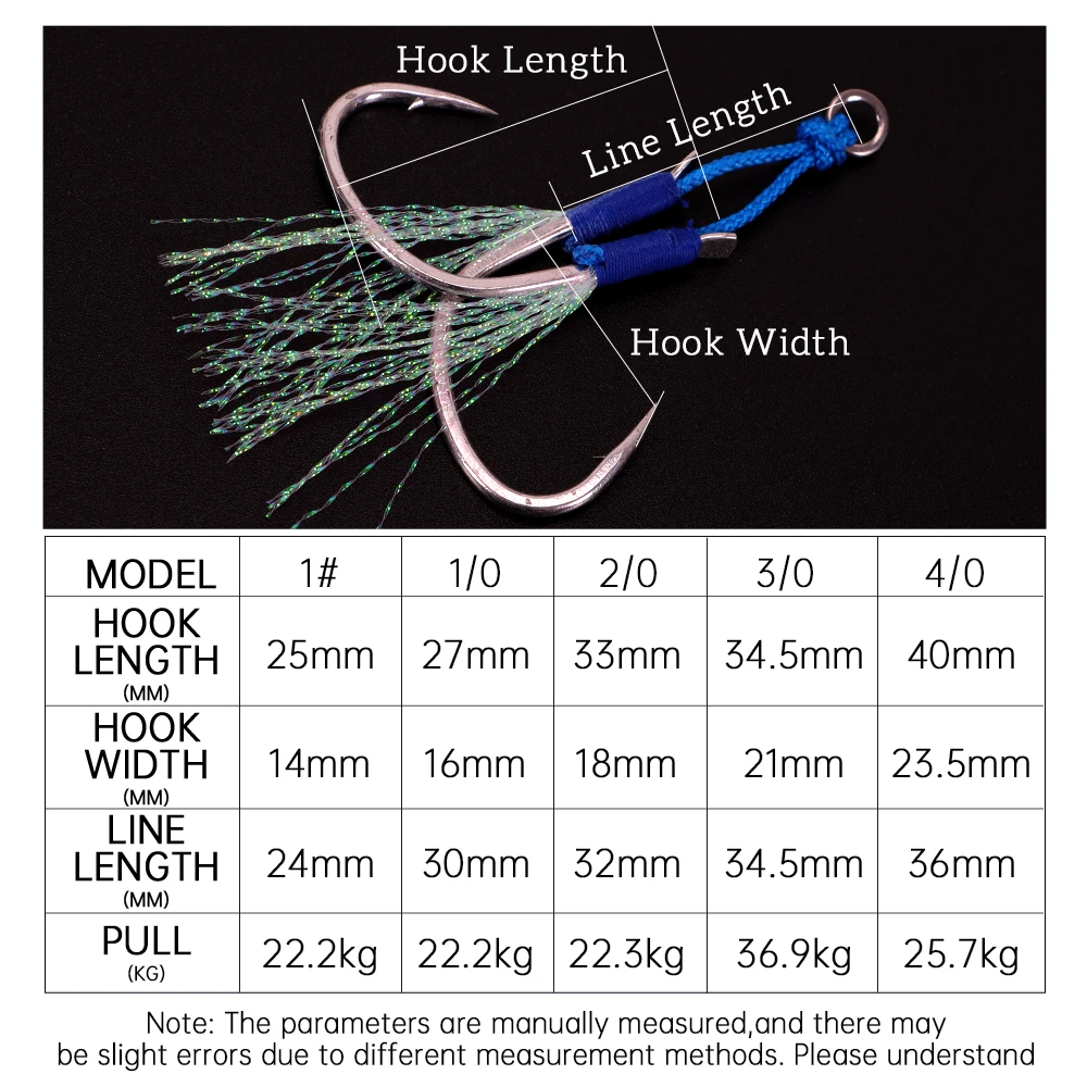 Hot Selling  1# 1/0 2/0 3/0 4/0 double Assist Hook Set Luminous jig lure  Hook 2 Sets /Pack For Saltwater Fishing