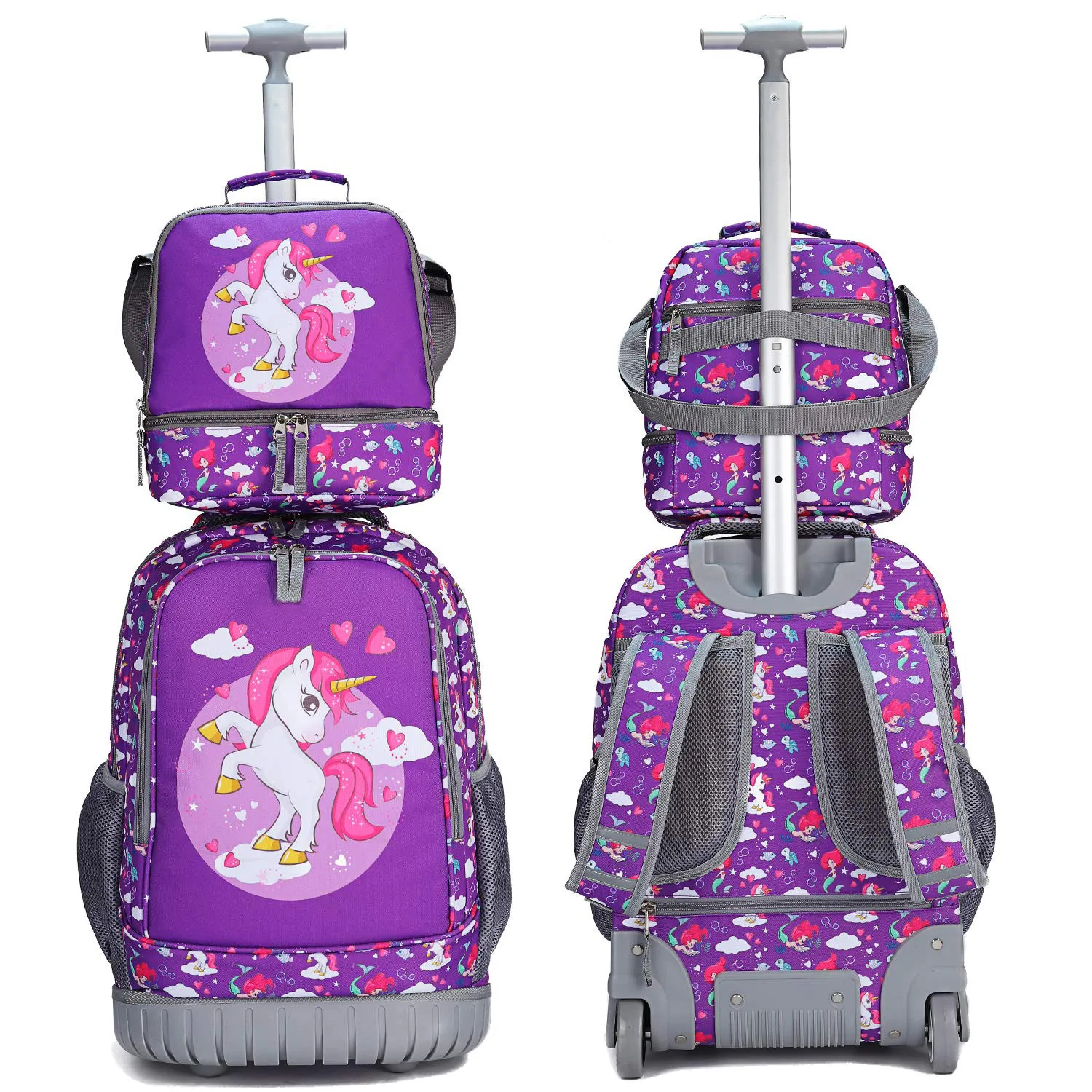 Unicorn Kids School Rolling Backpack 19inch Wheel Trolley School Bag With Lunch bag for Girls
