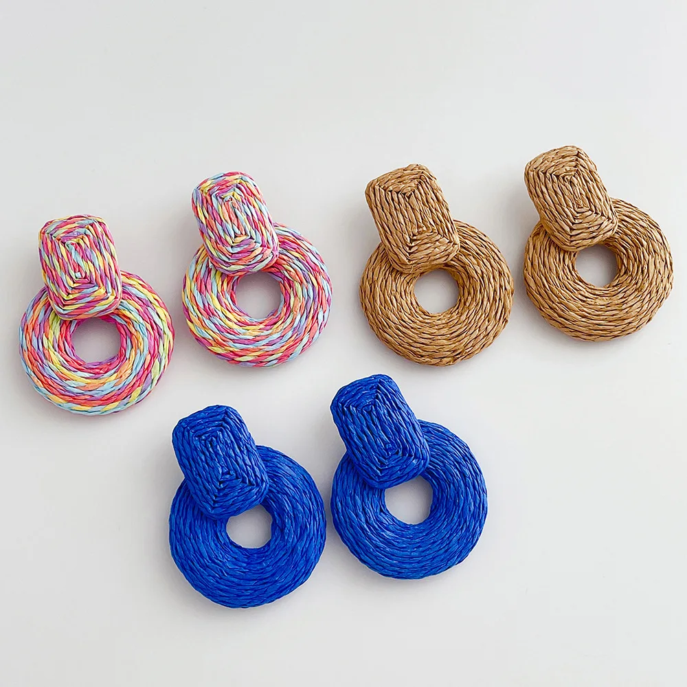 2022 Colorful Handmade Rattan Bohemia Earrings Ethnic  Tassel Drop Earrings Raffia Dyeing ColorfulThread Earrings Jewelry